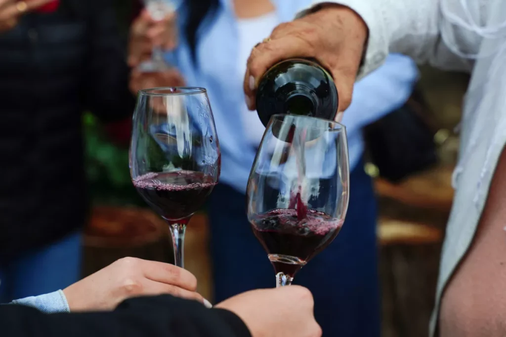 Red wine tasting from Touraine Chenonceaux being poured into glasses during a convivial vineyard experience in the Loire Valley