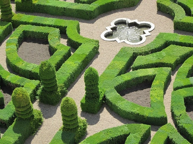 Ornamental gardens of Château de Villandry with geometric hedges and fountain in the Loire Valley